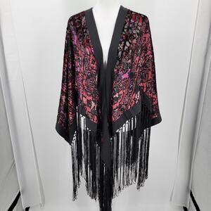 Idyllwind Velvet Burnout Kimono Womens L/ XL Tassels Fringe Pink Red Black Boho